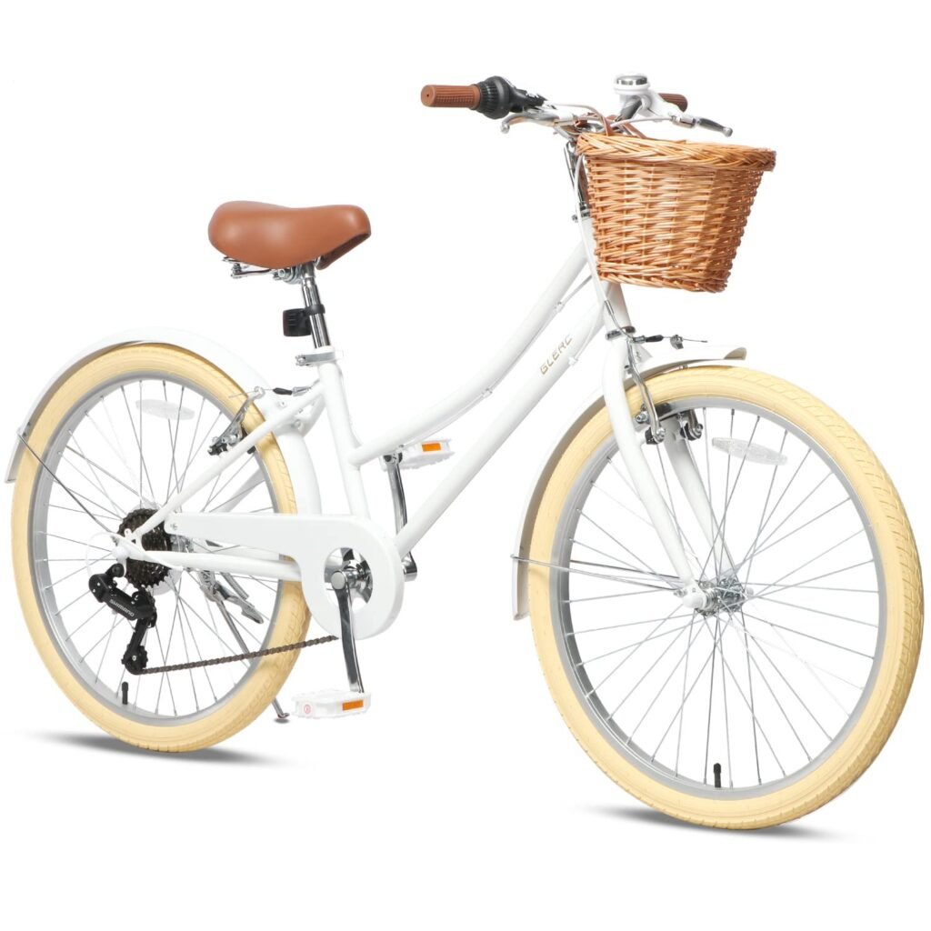 Glerc 24" Hybird Gilrs Bike for Girls, 6 - Speed Kids Cruiser Bicycles with Wicker Basket, Multiple Colors White