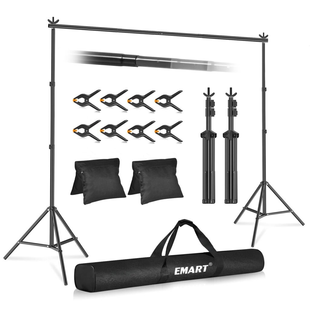EMART Backdrop Stand 10x7ft(WxH) Photo Studio Adjustable Background Stand Support Kit with 2 Crossbars, 8 Backdrop Clamps, 2 Sandbags and Carrying Bag for Parties Events Decoration 10x7ft Black