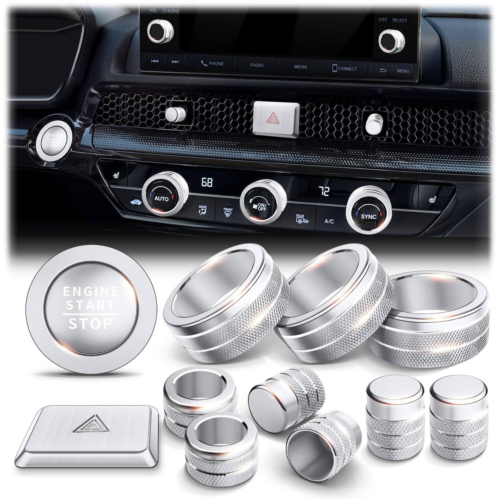 Polodunn 12pc Knob Cover Kit for Honda Civic/CRV, Silver