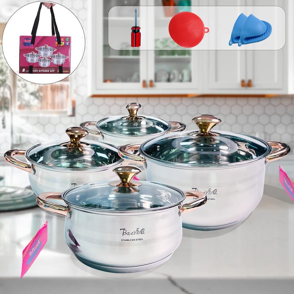 BAERFO 18/8 Stainless Steel Pots and Pans Set nonstick with lids-8 Piece Luxe Silver Cookware Set PFOA Free Non Toxic,Induction Safe Cooking Pot with Lid,Silver Cooking Utensils