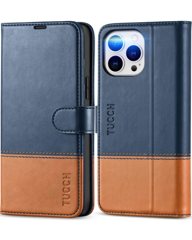 TUCCH Case for iPhone 13 Pro Max Wallet Case, PU Leather RFID Blocking Credit Card Slot Magnetic Stand Flip Cover TPU Shockproof Inner Case Compatible with iPhone 13 Pro Max 6.7",Dark Blue & Brown
