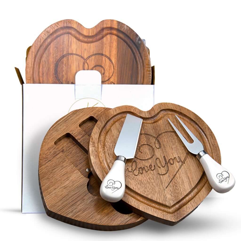 Heart Shaped Charcuterie Board with Ceramic Charcuterie Accessories - Natures Eco Friendly Acacia Wood Cutting Board for Kitchen - Bridal Shower, Couples Anniversary and Wedding Present