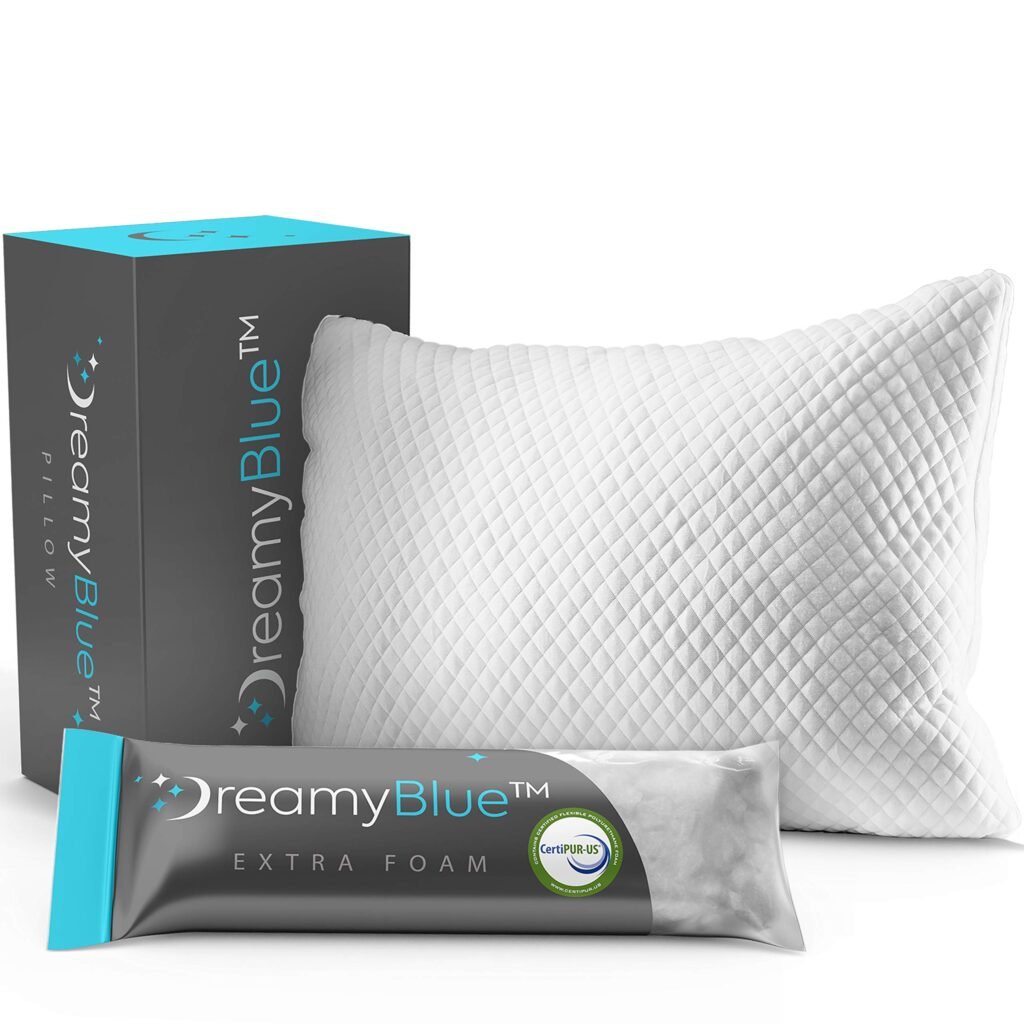 DreamyBlue Premium Pillow for Sleeping - Shredded Memory Foam Fill [Adjustable Loft] Washable Cover from Bamboo Derived Rayon - for Side, Back, Stomach Sleepers - CertiPUR-US Certified (Queen) Queen (Pack of 1)
