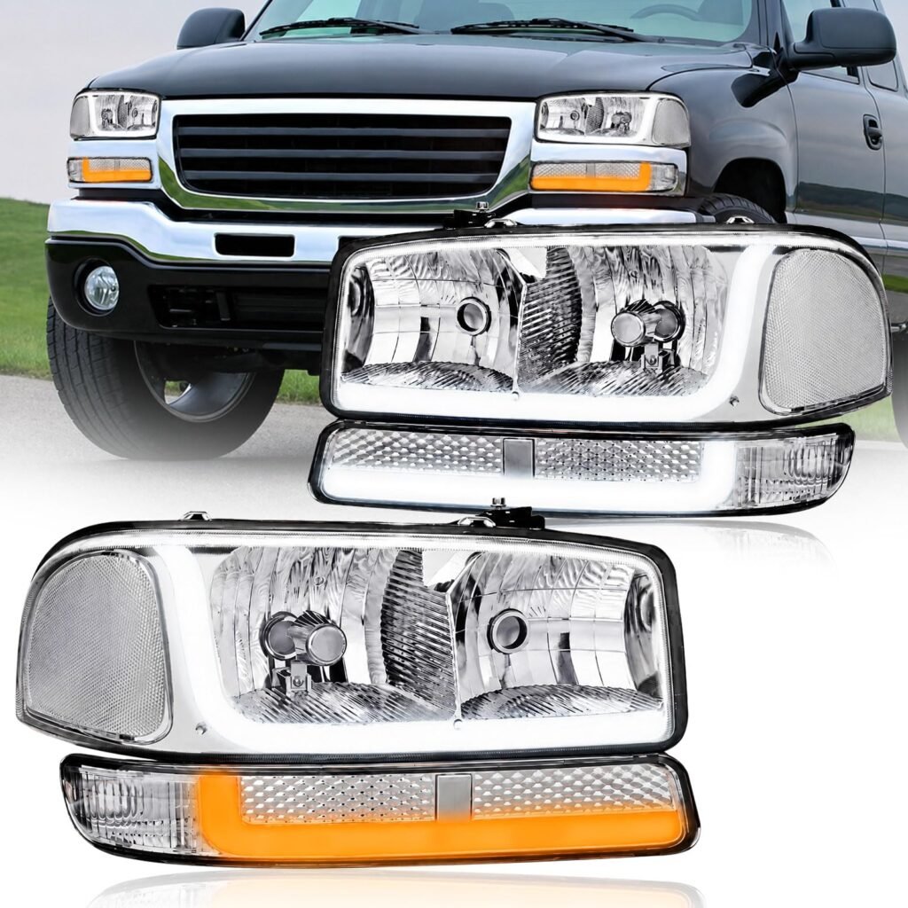 Fullux LED DRL Headlights Assembly fit 1999-2007 GMC Sierra/2000-2006 Yukon XL 1500 2500 No Denali Models Chrome Housing Clear Reflector LH RH Replacements