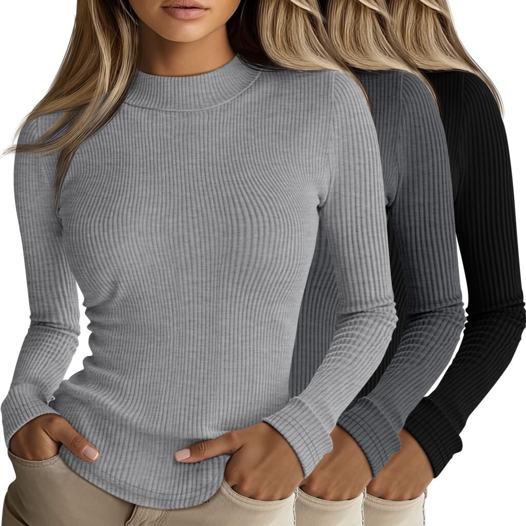 Riyiper 3 Pack Women's Mock Neck Tops Ribbed Long Sleeve Shirts 3Color S
