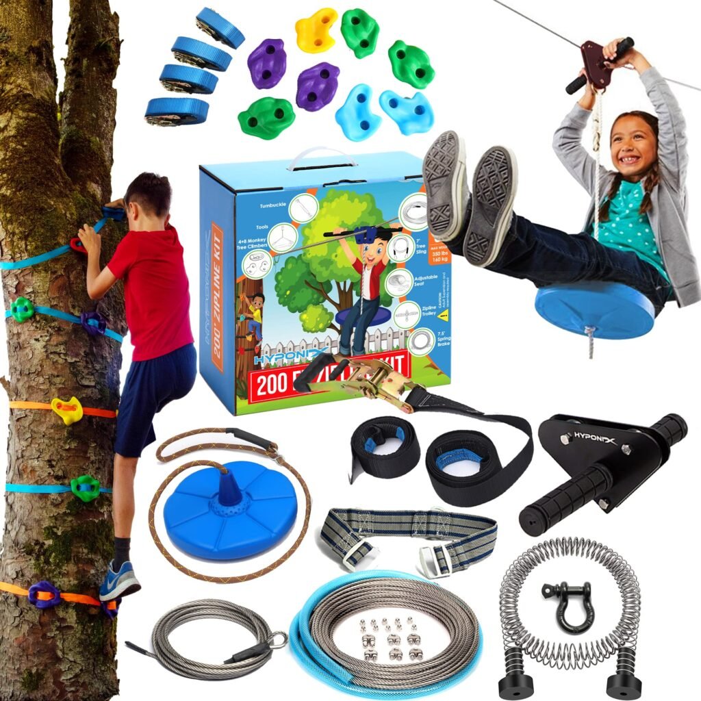 Hyponix Zip Lines for Kids and Adults Outdoor up to 350 Lbs - 200 ft - 15 Minute Quick Setup Kit - 100% Rust Proof | Zipline for Backyard Kids and Adults | Zipline Kits for Backyard 200' Quick Setup Zipline W/ Tree Climbers