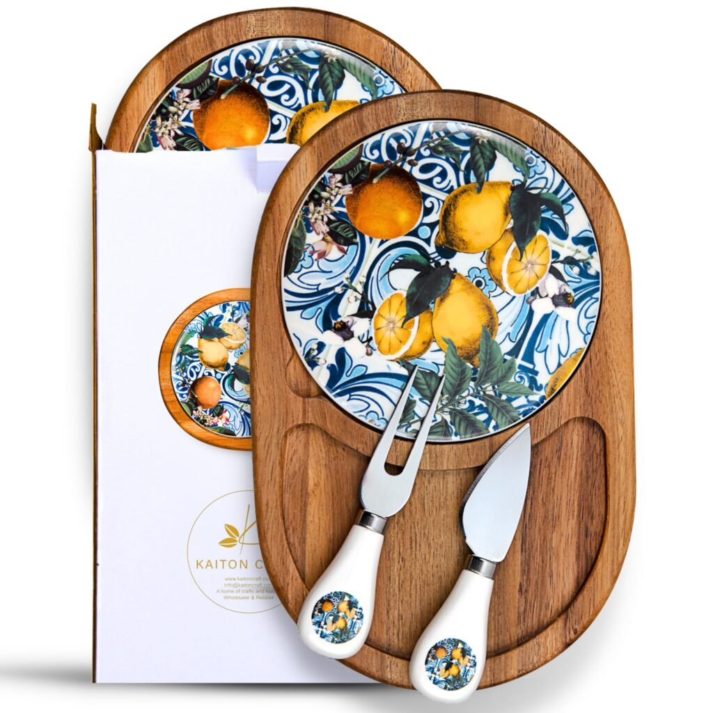 Eco-Friendly Acacia Charcuterie Board - Wooden Cheese Board with Ceramic Charcuterie Plate and Charcuterie Boards Accessories - Essential for Bridal Shower or Anniversary - Oval Yellow Oval Shape, Yallow