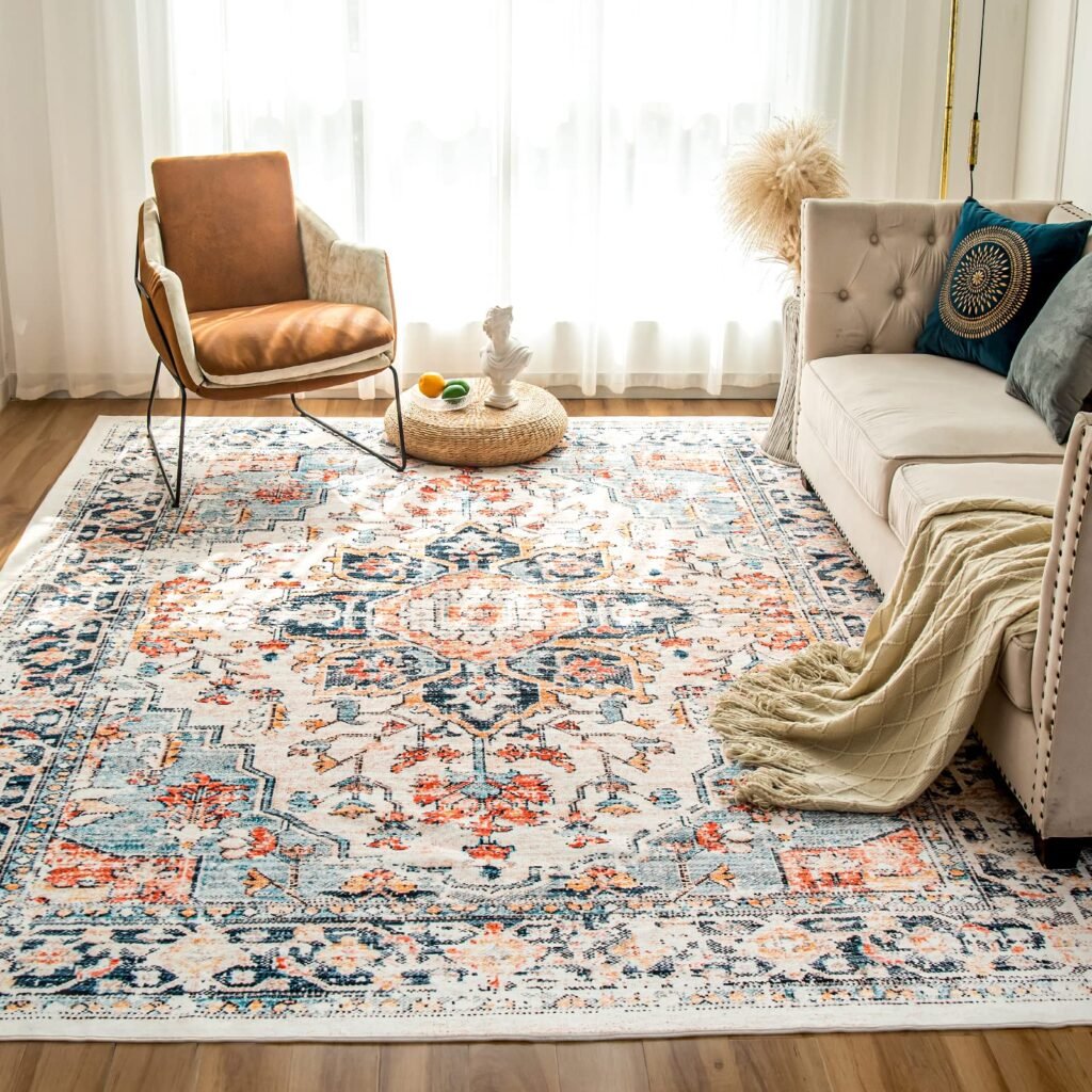 VK Living Machine Washable Rug 9'x12' Vintage Design Washable Area Rugs with Non Slip Rugs for Living Room Bedroom Traditional Woven Rug Carpet Stain Resistant, Dining Home Decor Office Boho Rug, Blue Blue 9' x 12'