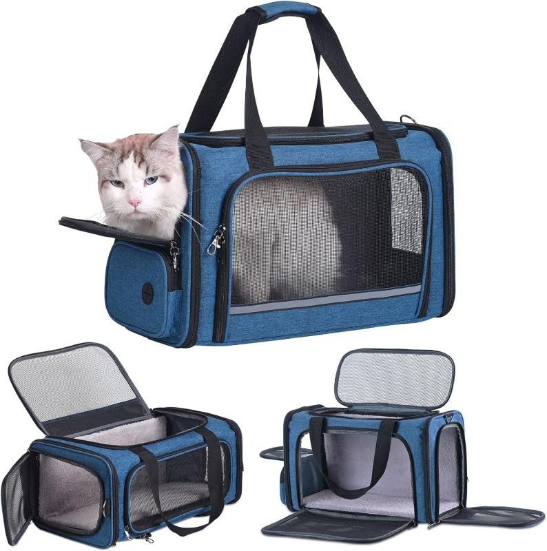 Cat Carrier Pet Travel Carrier by Airplane Approved Under seat, TSA Airline Approved Soft-Sided Carrier Bag for cat,Dogs,17.5 x 8.5 x 11 inches (Blue)