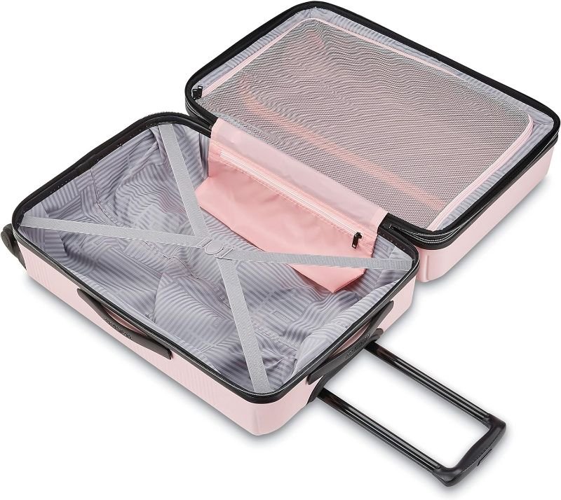 American Tourister Stratum XLT Expandable Hardside Luggage with Spinner Wheels, Pink Blush, Checked-Medium 20-Inch