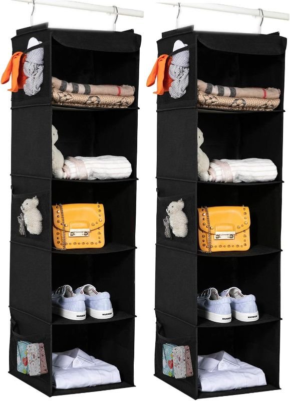 2 Pack Hanging Closet Organizer, 5 Shelves Hanging Storage with 6 Side Pockets for Clothes Shoes, (Black)