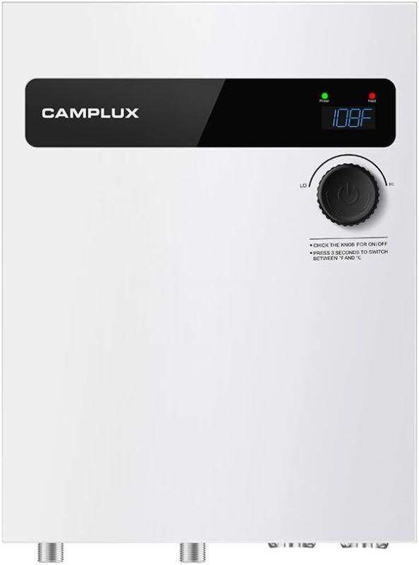 CAMPLUX Electric Tankless Water Heater 27kW 240V, Instant Hot Water Heater, Self-modulating Technology, Multipoint of Use Water Heater with Digital Display, for Whole House Shower, White