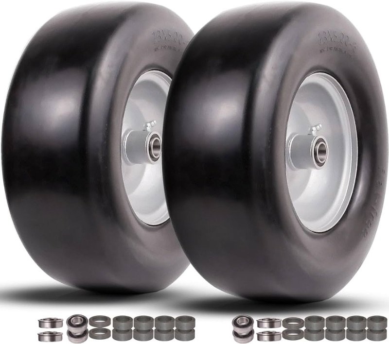 13x5.00-6 flat free tire and wheel,Front Zero-Turn Smooth Tire Assembly Replacement for Riding Lawn Mower Garden Tractor,with 3/4" &1/2" & 5/8" Precision bearings,3.25"- 5.9" Center Hub (2 Pack)
