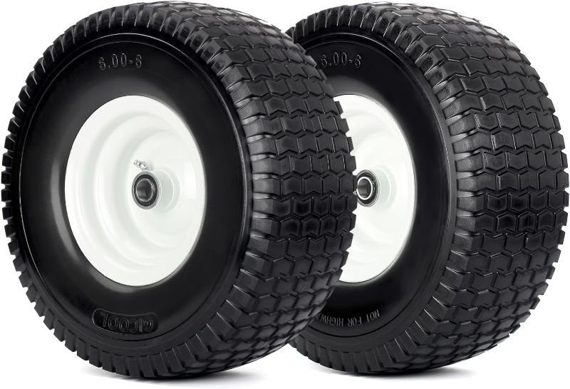 15x6.00-6 Flat Free Lawn Mower Tire and Wheel, 2 Pcs 15x6-6nhs Riding Mowers Lawn Tire and Wheel with 3/4" Bearing, 3" Centered Hub
