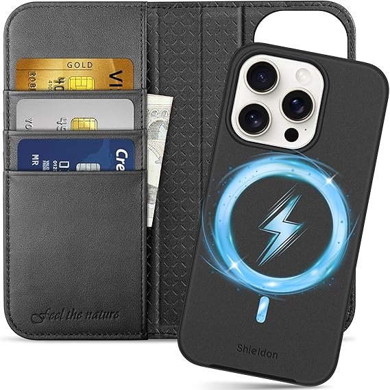 SHIELDON Case for iPhone 15 Pro, Genuine Leather Detachable Wallet Wireless Charging Folio Magnetic Kickstand RFID Blocking Card Slots Shockproof Case Compatible with iPhone 15 Pro 6.1" - Black