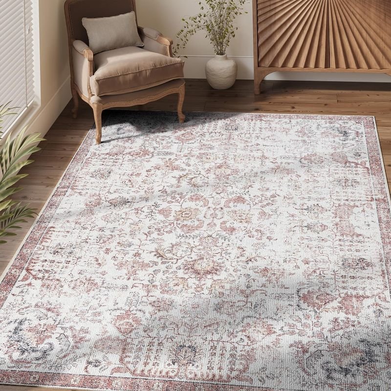 jijinchan Washable Area Rug 3x5 Low Pile Entryway Rug Washable Rug Vintage Floral Rug Stain Resistant Non-Slip Ultra-Thin Indoor Door Mat Carpet Kitchen Bathroom Bedroom Dining Room Blush