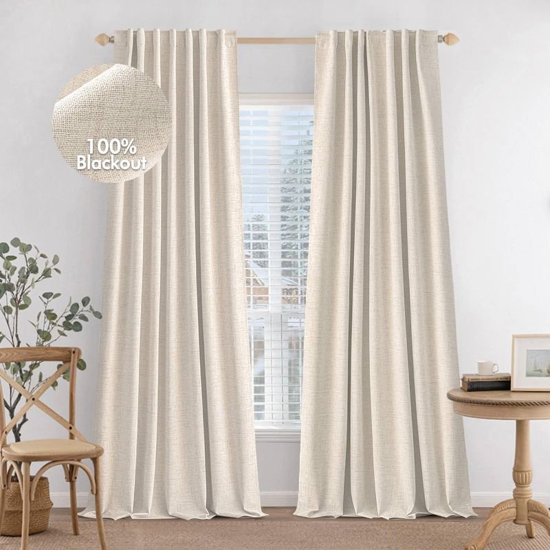 MIULEE 100% Blackout Curtains 90 inches Long Linen Curtains & Drapes for Bedroom Back Tab Living Room Darkening Full Black Out Window Curtain Panels Rod Pocket, Beige, 2 Panels Set