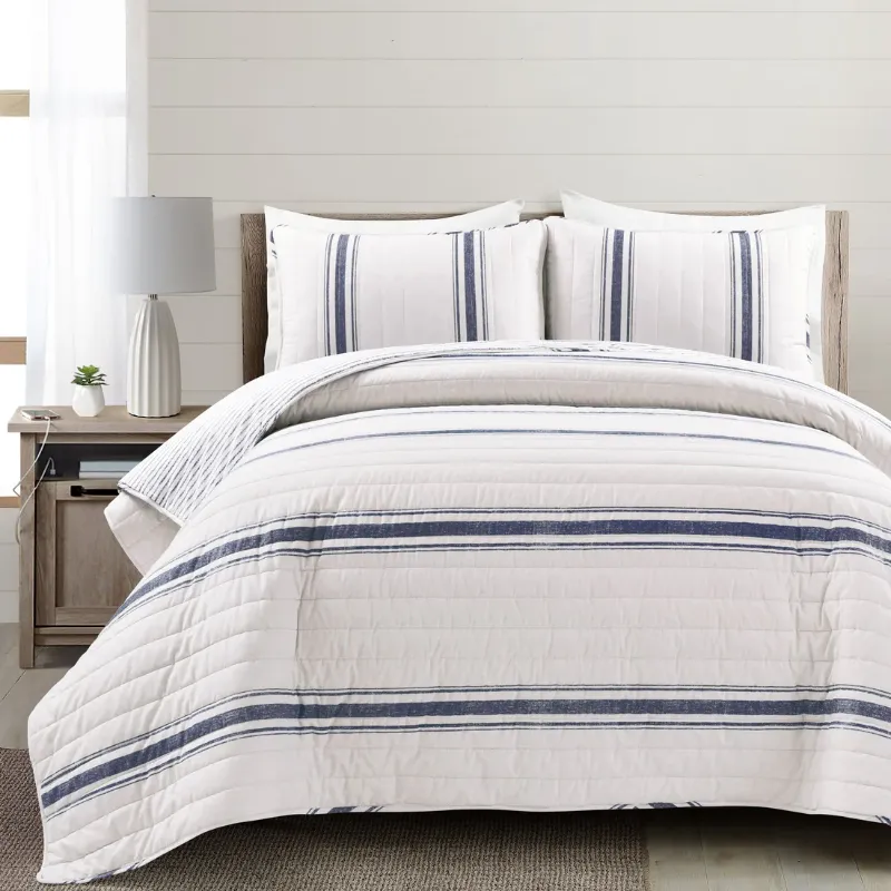 Lush Decor Farmhouse Stripe 100% Cotton Duvet Cover Set Navy
