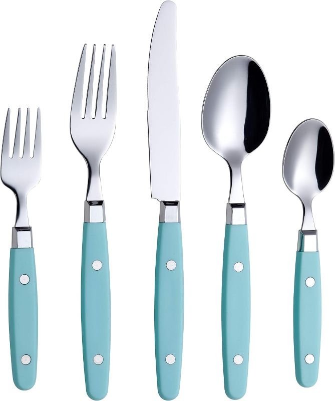 ANNOVA Silverware Set 20 Pieces Stainless Steel Cutlery Color Handle With Rivet/Retro Flatware - 4 x Dinner Knife; 4 x Dinner Fork; 4 x Salad Fork; 4 x Dinner Spoon; 4 x Dessert Spoon (Turquoise)