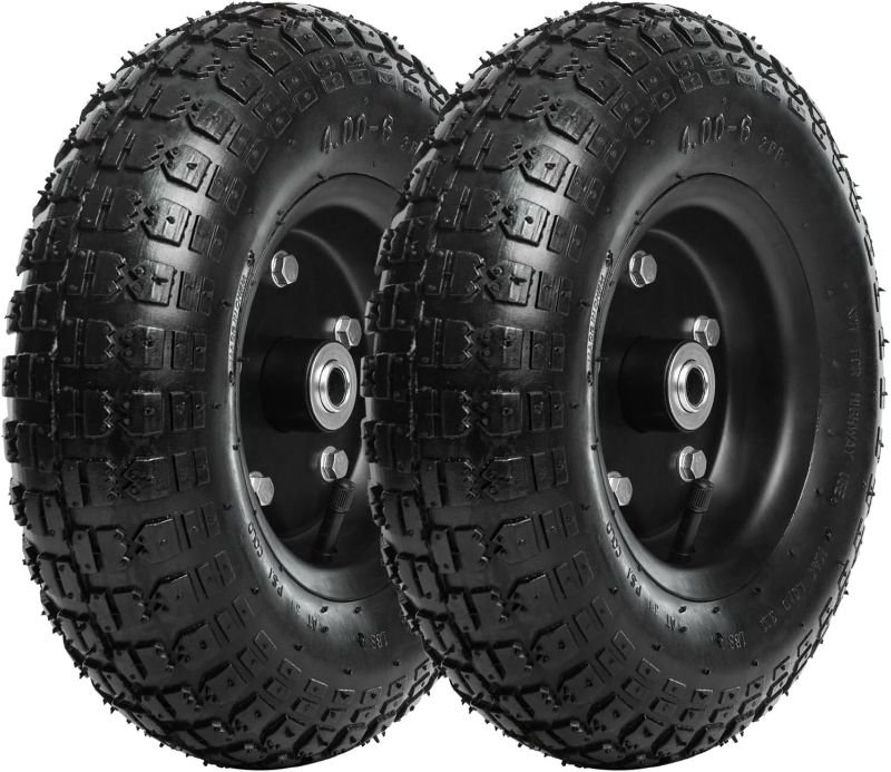 13 Inch 2 PCS Rubber Pneumatic Replacement Tires and Wheels 4.00-6 with 5/8'' Axle Bore Hole, Anti-slip Inflated Air Wheel for Wheelbarrow/Garden Utility Wagon/Hand Truck/Trolley/Garden Scooter etc.